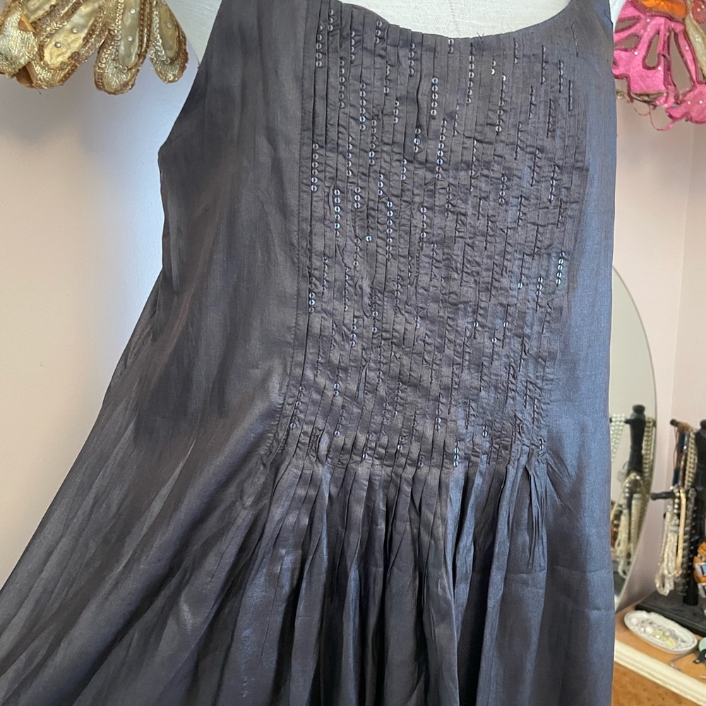 Eileen Fisher Rich Brown Silk Sundress w Pleated Beaded Detail Lined XS Side Zip